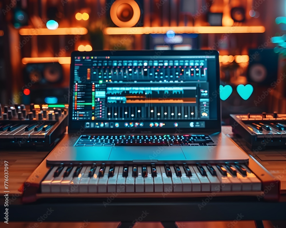 Poster digital music creation software on laptop for the modern composer