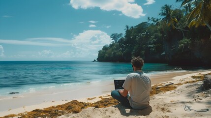 Digital Embracing Remote Beach Workspace and Blurred Work Life Balance
