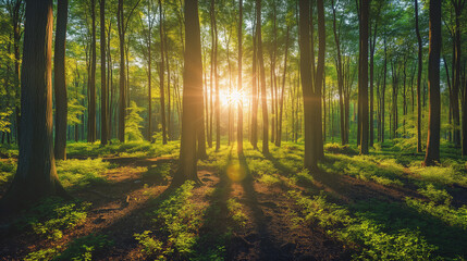 Panorama of a scenic forest of fresh green deciduous trees with the sunlight. 