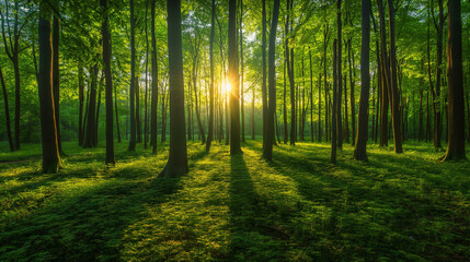 Fototapeta na wymiar Panorama of a scenic forest of fresh green deciduous trees with the sunlight. 