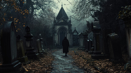 Dark mysterious cemetery. Crosses and graves at night in the moonlight