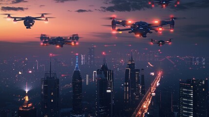 Futuristic drones soaring through the night sky moni  AI generated illustration