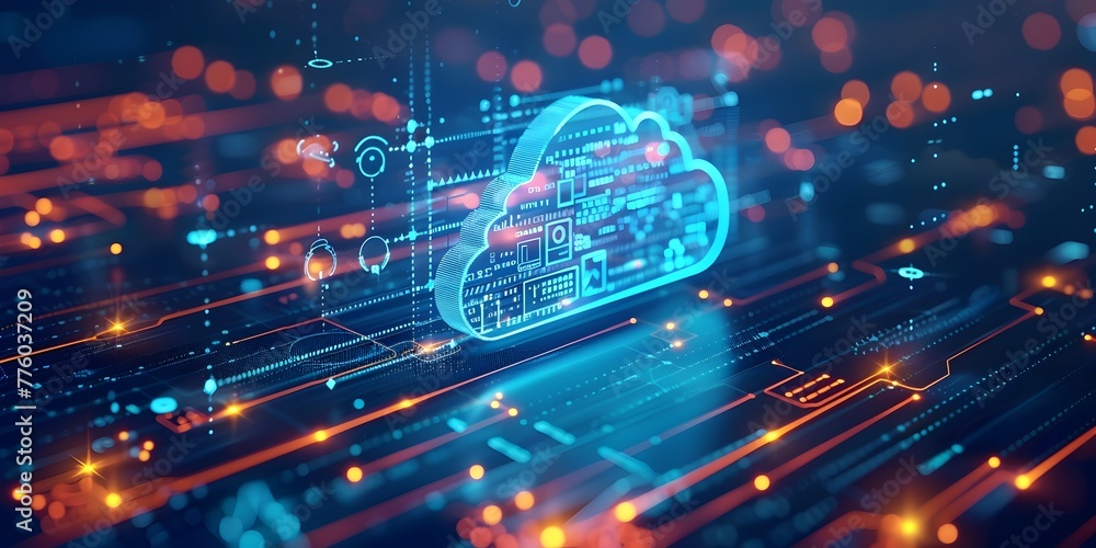 Poster futuristic cloud computing interface with data analytics and storage visualization on digital screen