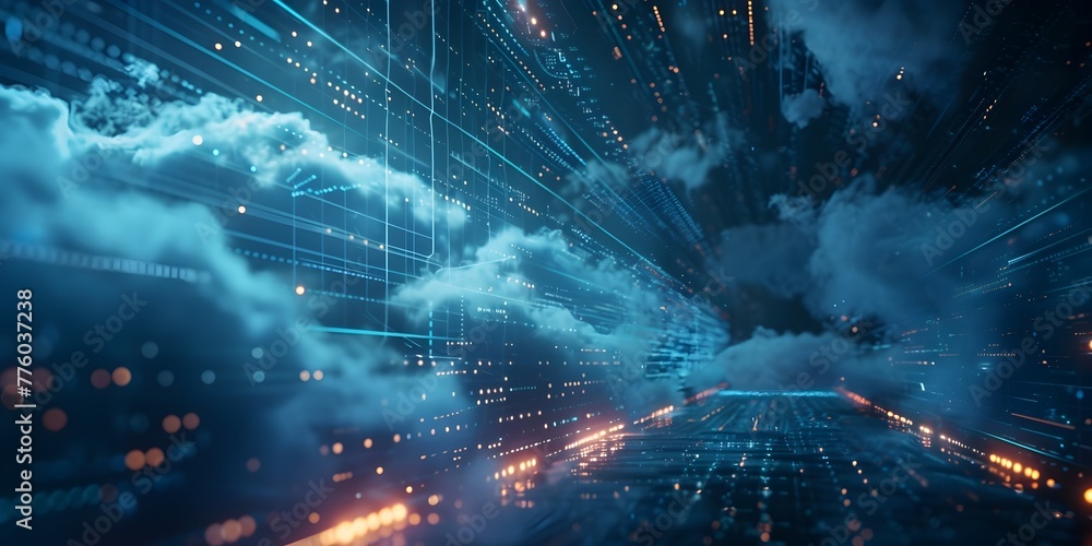 Poster dynamic cloud data flow visualization on futuristic transparent display emphasizing speed and effici