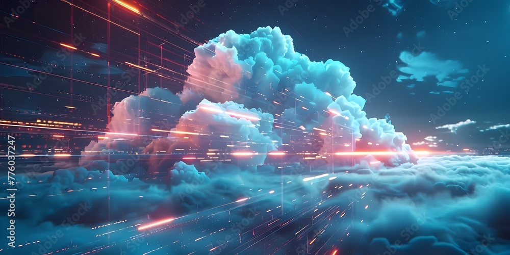 Poster futuristic cloud inspired data flow visualized on a transparent digital display emphasizing speed an