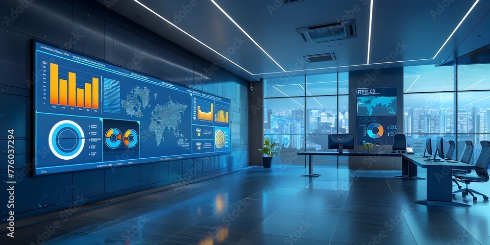 Poster cutting edge corporate workspace with dynamic digital analytics and metrics displays