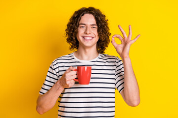 Photo of nice young man hold mug show okey symbol wear striped t-shirt isolated on yellow color...