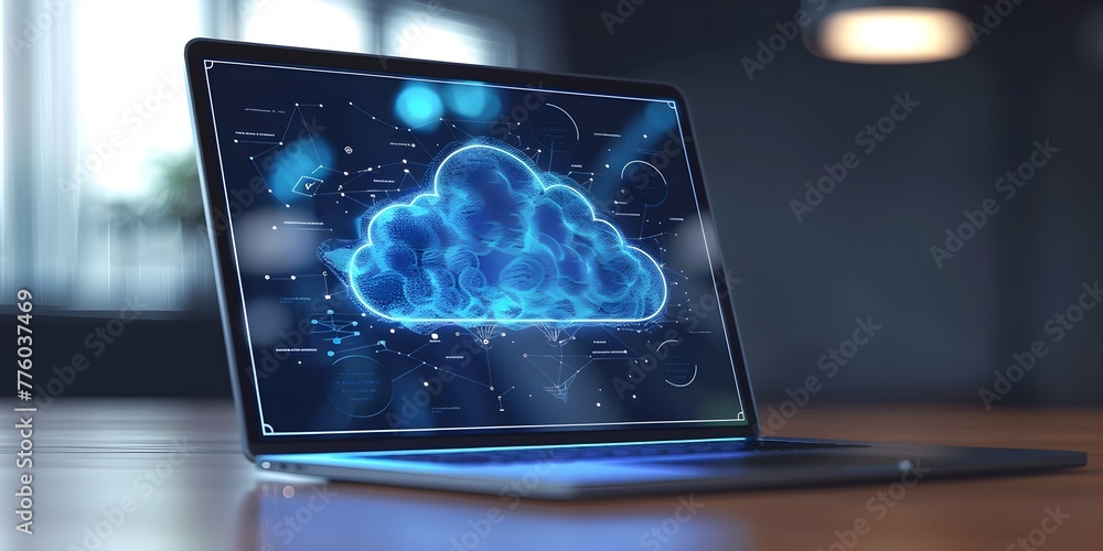 Poster centralized cloud based platform streamlining client interactions on laptop display