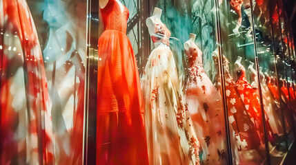 Women's dresses in a shop window in Paris, France. Selective focus. - obrazy, fototapety, plakaty