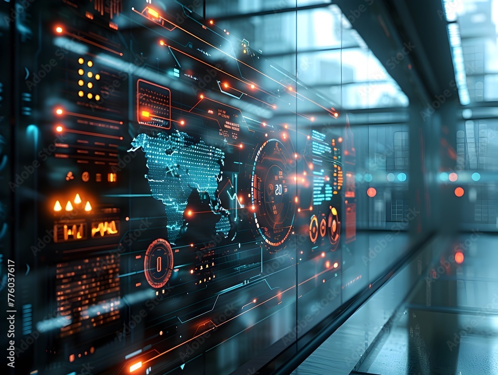 Poster futuristic digital interface projected on glass panel showcasing innovation and data driven reality