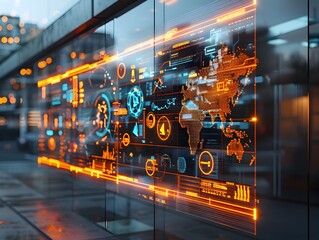 Futuristic Digital Interface Projected Onto Glass Panel in Urban Cityscape at Nightfall Blending Innovation and Reality