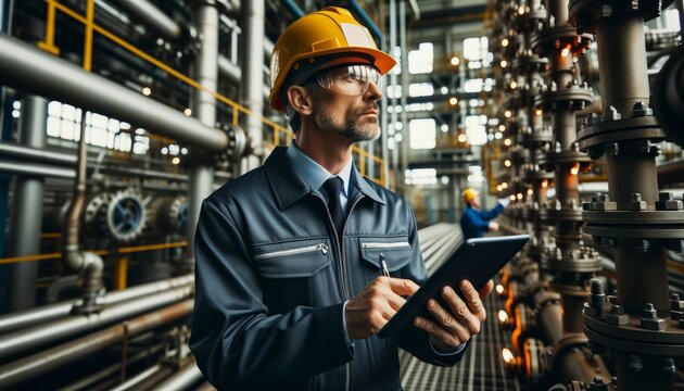 A middle-aged technical engineer in an assembly helmet with a tablet in his hands controls the operation of the pressure system in valves, pipes and sediments at an oil refinery