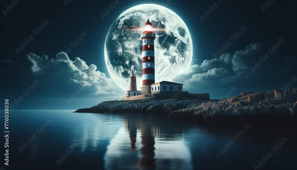 Poster a serene nocturnal scene featuring a lighthouse. the lighthouse is tall with alternating bands of re