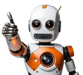 Cute robot looking forward and holding a thumbs up.