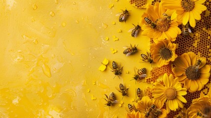 bees and yellow flowers with copy space - obrazy, fototapety, plakaty