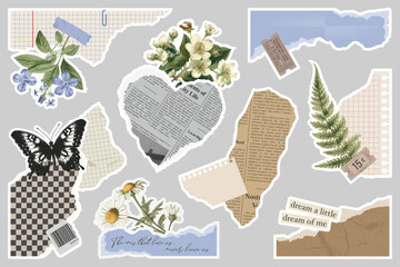 Trendy collage stickers set. Vector collection of torn newspaper, retro flower, butterfly stamp, rip notebook sheets, handwriting quotes, craft notepaper, old grunge paper. Retro elements for design.