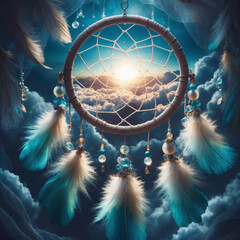 illustration of mystical dreamcatcher with beautiful feathers and sunset or sunrise sky  - obrazy, fototapety, plakaty