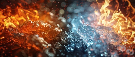 Ice and fire juxtaposed, the coolness that quenches flames ,3DCG,clean sharp focus - obrazy, fototapety, plakaty