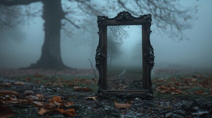 Mirror reflecting a foggy scene, the clarity of reflection meets obscurity  ,high resulution,clean sharp focus - obrazy, fototapety, plakaty
