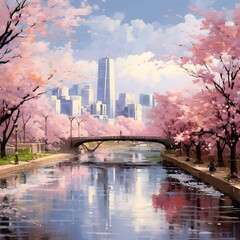 Digital painting of cherry blossoms in the park with a bridge in the background