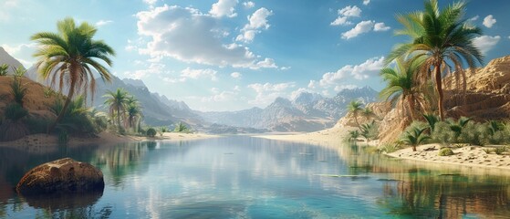 Oasis in the desert, waters lifegiving presence, a photorealistic miracle  ,high resulution,clean sharp focus