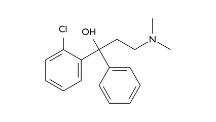 clofedanol molecule, structural chemical formula, ball-and-stick model, isolated image antitussives