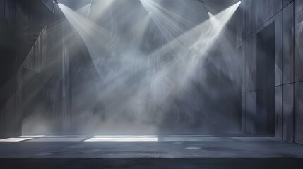 Empty Stage with Dramatic Lighting, Foggy Atmosphere at a Concert or Theater. Modern Design. Perfect for Presentations and Shows. AI