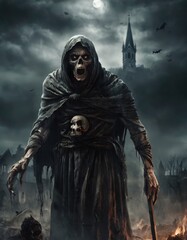 Fototapeta na wymiar The Grim Reaper stands ominously in a haunted village, evoking themes of horror and the supernatural