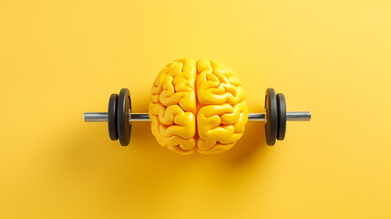 Top view of yellow rasin human Brain, lifting dumpbell on bright yellow background. Brain work out/excercise Concept. - obrazy, fototapety, plakaty