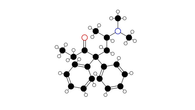 methadone molecule, structural chemical formula, ball-and-stick model, isolated image opiate agonists