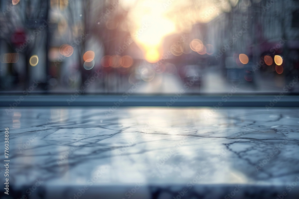 Poster selective focus. marble table top on blur abstract window glass background