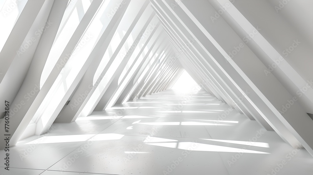 Poster futuristic white corridor with geometric structure and light play. minimalist design, modern archite