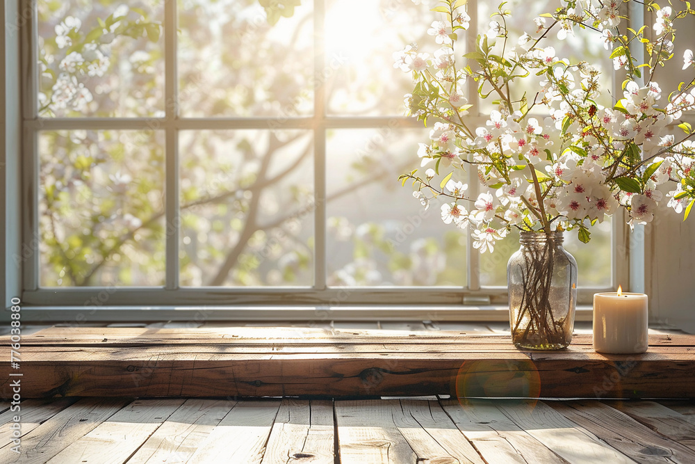 Poster white wood table with large spring window and copy space