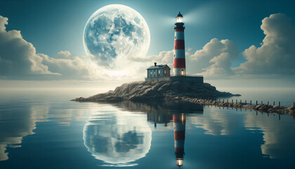 A serene night scene featuring a lighthouse. The lighthouse stands on a rocky outcrop extending into calm waters - obrazy, fototapety, plakaty