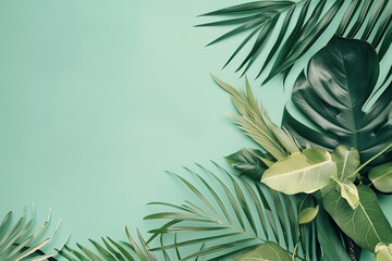 Tropical leaves frame. Green color tropics foliage on a blue solid background. Empty space in the center for product presentation. Flat lay, top view, copy space. Summer concept, minimalists style
