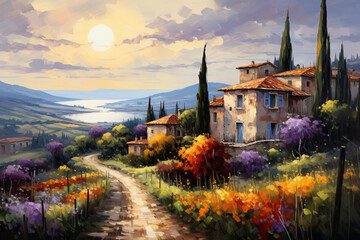 Idyllic Tuscan Countryside Painting - obrazy, fototapety, plakaty