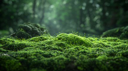 Green moss and background. Backdrop for displaying products. Dark forest background. - obrazy, fototapety, plakaty