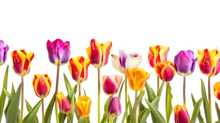 Vibrant Tulips in Bloom, a Colorful Array Graces the Frame. Perfect for Spring Themes and Floral Designs. Nature's Beauty in a Row. AI