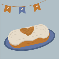 Flat Design Illustration at Eclair with Almond Taste	