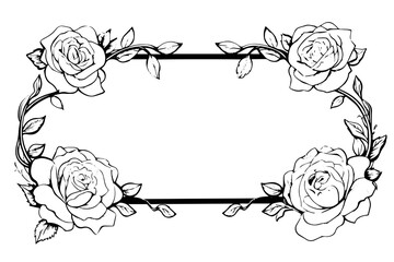 Vintage Floral Frame: Hand-Drawn Rose Border in Simple Black and White Vector Illustration.
