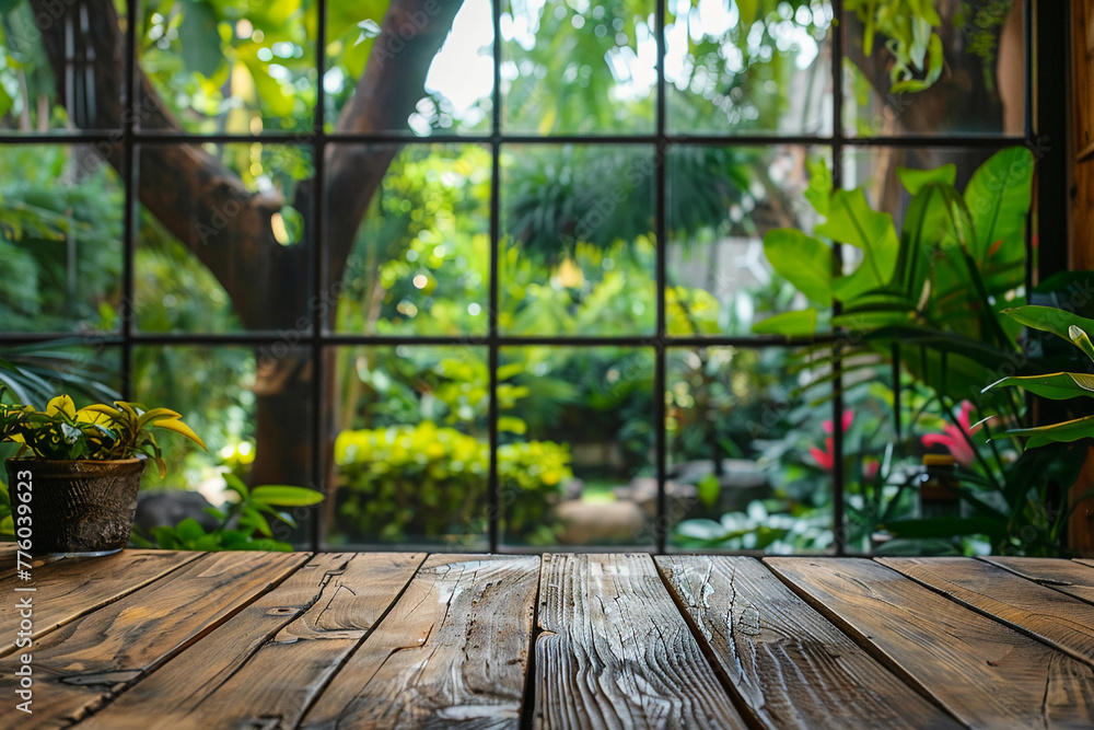 Poster selective focus. empty of wood table top on blur of curtain window and abstract green from garden wi