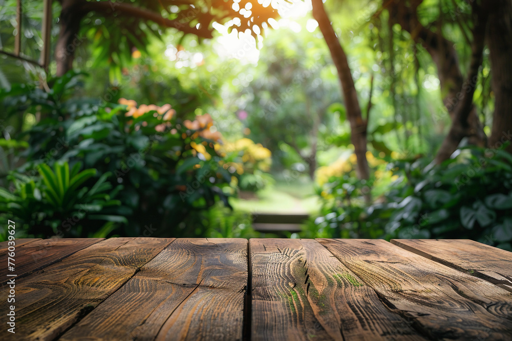 Poster selective focus. empty of wood table top on blur of curtain window and abstract green from garden wi