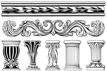Naklejka premium Ancient Column Collection: Vintage Vector Illustrations of Roman and Greek Architecture Element.