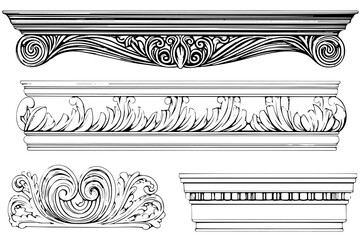 Classic Baroque Ornamentation: Vintage Vector Illustration of Architectural Molding and Borders Pack. - obrazy, fototapety, plakaty