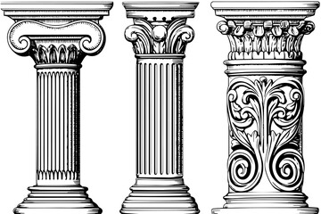 Ancient Column Collection: Vintage Vector Illustrations of Roman and Greek Architecture Element. - obrazy, fototapety, plakaty