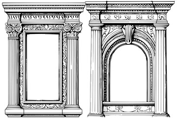 Naklejka premium Vintage Architectural Frames: Baroque and Gothic Arch Designs in Detailed Vector Sketches.