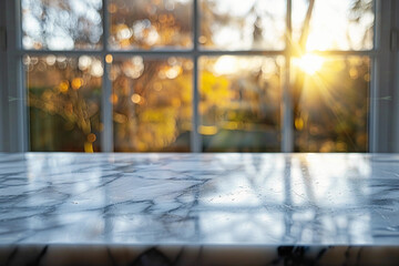 selective focus. marble table top on blur abstract window glass background