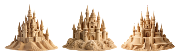 Ai generated three sand castles isolated on transparent background 