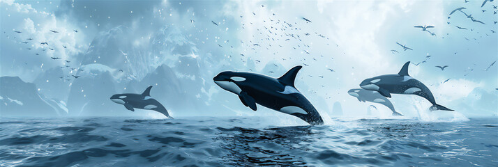 Orca whales jumping out of water