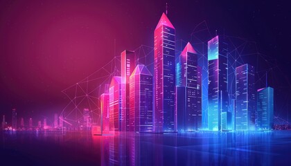 Naklejka premium A cityscape with buildings lit up in neon colors by AI generated image